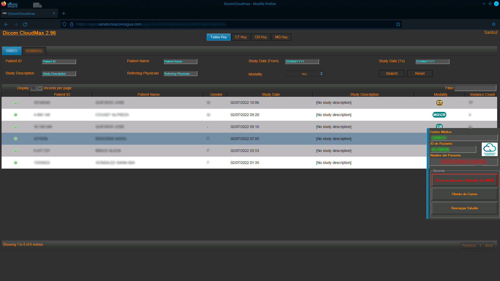 SkyDicom StudyGen — Selección de estudio